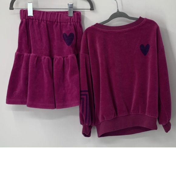 Bobo Choses Kid Skirt Heart Velour Velvet Purple Pink Skirt Crewneck Set sz 4-5y